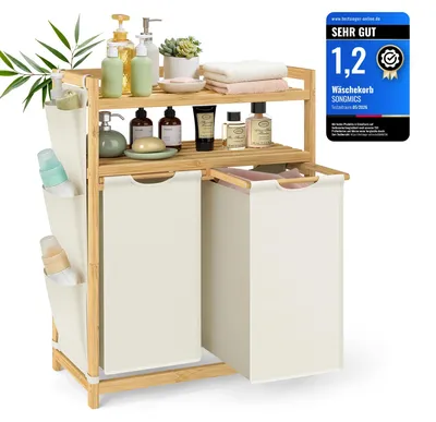 Immagine prodotto di SONGMICS Cesto per biancheria con 2 scomparti, in bambù, capacità 100 litri, con ripiano – Bianco crema, dimensioni 100 litri (2 ripiani + 2 scomparti)