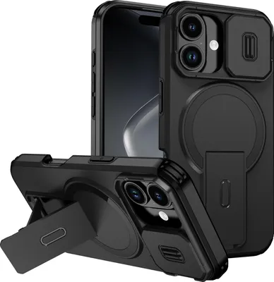 Image de Étui magnétique pour iPhone 17, étui durable double couche avec protection coulissante de l'appareil photo et support ajustable Noir