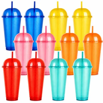 12 Trinkbecher 700 ml mit Deckel & Strohhalm, bunt