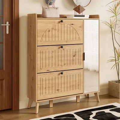 Produktbild von Schuhschrank mit Spiegel und Klapptüren – Flurschrank mit 3 Klappfächern, Ablage und Spiegel – Platzsparender Schuh-Organizer für Eingangsbereich