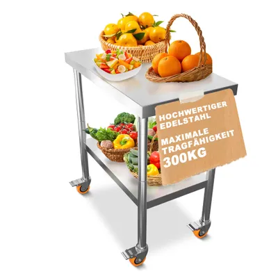 Produktbild von YZNAHRE Arbeitstisch Edelstahl 76x46x85 cm Catering Küchentisch mit Rollen Gastronomie Edelstahltisch Doppelschicht Zubereitungstisch für Küche Bar Restaurantar