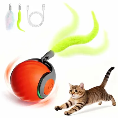 Interaktiver Katzenball mit Feder-Schwanz, 2 Geschwindigkeiten, USB-aufladbar