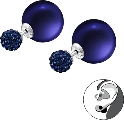 Produktbild von Ohrstecker 925 Sterling Silber Doppelperlen Ohrringe mit Kristallen in blau