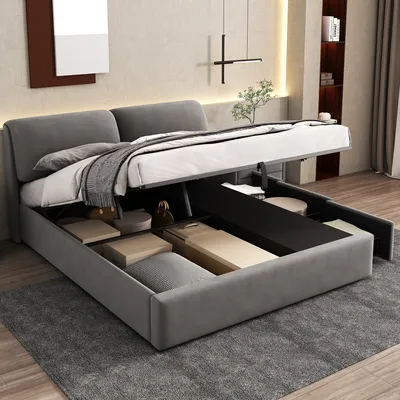 Produktbild von MODFU Boxspringbett Hydraulisches 180 x 200 cm mit Kopfteil, Polsterbett Funktionelles mit 3 Schubladen, Doppelbett Stauraumbett mit Bettkasten Stauraum, Samt Grau(Ohne Matratze)