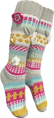 Produktbild von Retro-Strick-Kniestrümpfe für Damen, gehäkelte Kniestrümpfe mit 3D-Blumen, warme, farbenfrohe Socken, Beinwärmer für Mädchen, Stiefel, Indoor- und Streetwear