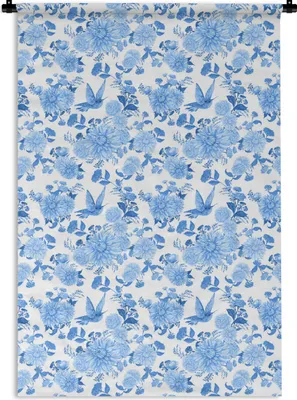 Produktbild von MuchoWow® Wandteppich Wandbehang Blumen - Rosen - Vögel - Blau 60x90 cm Tapisserie Dekoration Wandtuch - Foto-Teppich - Abwaschbar