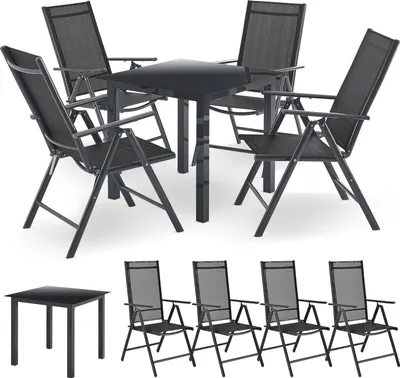 A set of outdoor furniture including a table and chairs, displayed on a white background.
