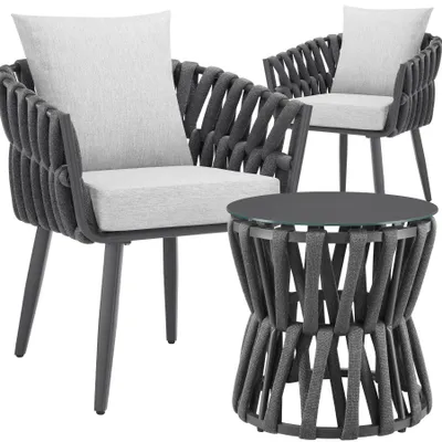 Produktbild von tectake Gartenmöbel-Set Lugano Tisch 2 Stühle Rope-Design Aluminium wetterfest Polster Sicherheitsglas Anthrazit 62x66x75cm Ø46cm