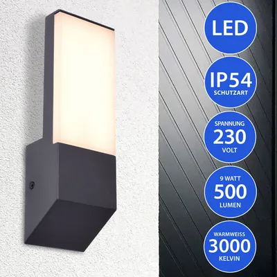 A modern outdoor wall light with integrated LED, mounted on a textured wall. The image includes overlaid circular graphics detailing product specifications.