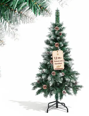 Obrázok produktu pre Vianočný stromček Peviasot, výška 120 cm, umelý, s efektom snehu, 180 vetvičiek, 15 šišiek, umelá borovica s kovovým stojanom