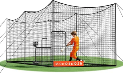Immagine prodotto di Rete da baseball/softball - Rete da allenamento rettangolare - Dimensioni 10,668 x 3,2 x 3,1 m - HDPE intrecciato a 45 strati - Lunghe corde di posizionamento - Portatile - Resistente alle intemperie