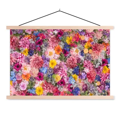 Produktbild von MuchoWow® Textilposter Blumen - Farben - Collage 120x80 cm mit holzfarbenen Rahmen - Aufhängeset