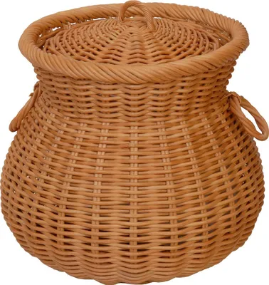 Produktbild von KRINES HOME Klassische Wäschetonne mit Griffen / Wäschekorb Rund aus echtem Rattan / Runde Wäschebox (Terracotta)