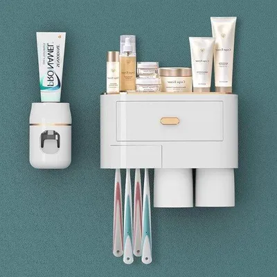 Produktbild von Automatische Badkamer-Organizer mit 6 Zahnborstelhaltern Wandmontage Selbstklebend 2 Becher und Ladestation