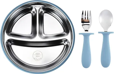 Produktbild von Baby Teller mit Saugnäpf, 304 Edelstahl Kindergeschirr mit Gabel und Löffel, Blau