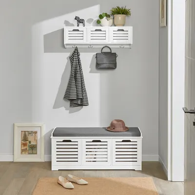 Produktbild von SoBuy Wandgarderobe-Set Flurset Flurmöbel Sitzbank mit Sitzfläche Wandgarderobe Weiß FSR23-W+FHK19-W