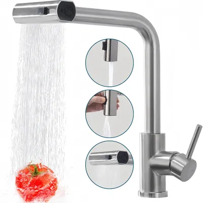 A kitchen faucet with water flowing, showing different spray modes, and a tomato being washed.