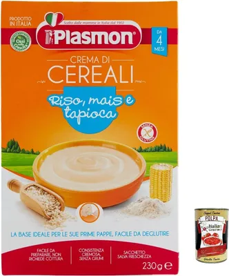 Produktbild von 3x Plasmon Crema di Cereali Riso, Mais e Tapiocca 230g + Italian Gourmet polpa 400g