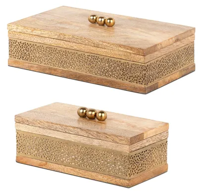 2er-Set rechteckige Dosen, Holz & Metall, 26x15x8 & 20x10x8 cm