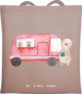 Produktbild von Mr. & Mrs. Panda Schultasche Bär Camper - Braun Pastell - Geschenk, Tasche, Roadtrip, Campingplatz, Wohnmobil, Tote Bag, Shopping, Urlaub, Zelten, Jutebeutel, Stoffbeutel