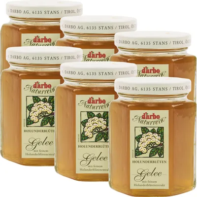 Produktbild von Food-United GELEE aus Holunderblüten-Extrakt von DARBO Naturrein 6x 200g Glas fruchtig und veganer Brot-Frucht-Aufstrich Holunderblütengelee perfekt für Füllungen Brot und Brötchen Kuchen Porridge Pudding Frühstück Gebäck Eiscreme Torten
