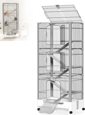 Produktbild von LZQ Kleintierkäfig mit Rollen & Schloss – 6 Ebenen, Metallkäfig mit Plattformen, Leitern & Kotwannen für Kaninchen, Meerschweinchen & Frettchen, Weiß/Grau
