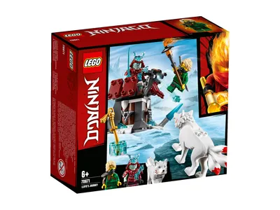 A LEGO Ninjago set box showing a scene with ninjas, a wolf, and a structure on an icy landscape.