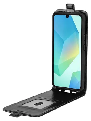 A black flip case for a smartphone is shown open, with the phone inside.