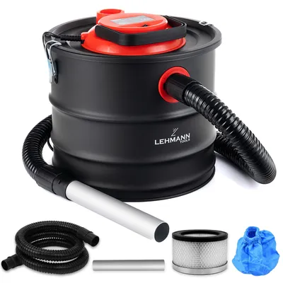 A black ash vacuum cleaner with red accents, shown with its accessories on a white background.