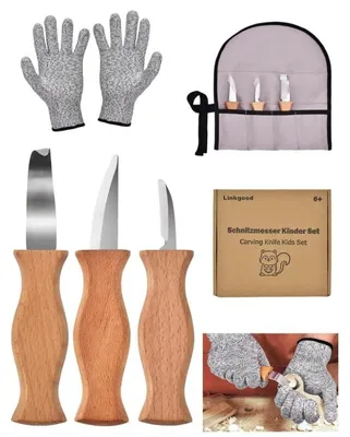 Produktbild von yolzhxe Schnitzmesser Kinder Set ab 6 Jahre Kindermesser Schnitzset Kinder Schnitzset Kinders mit 3 Schnitzmessern, Schnitzhandschuhe für Kinders und Aufbewahrungstasche,für Anfänger, Erwachsene