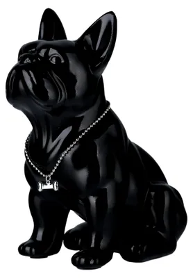 Produktbild von Deko Statue Französische Bulldogge – Harz Hundeskulptur mit Silberhalsband – Figur für Wohnzimmer, Büro, Flur und Schlafzimmer (Schwarz, 23 cm)