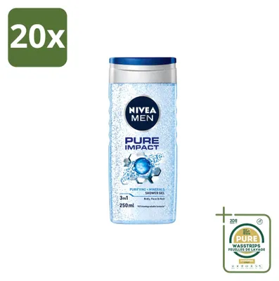 Produktbild von 20 x Nivea Men Douchegel Pure Impact 3-in-1 - 250 ml - Vorratspackung - 20 Stücke