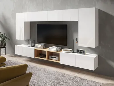 Produktbild von Wohnwand CALABRINI-23 Wohnzimmer-Set Hängewohnwand Schrankwand Schrank TV-Schrank Moderne Anbauwand Hochglanz (Weiß / Goldene Eiche)