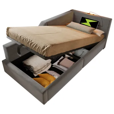 Produktbild von MODFU Schlafsofas Polsterbett 90 x 190 cm mit hydraulischem Stauraum, Kinderbett Jugendbett mit USB-C-Ladefunktion,Tagesbett Daybett, Grau(Ohne Matratze)