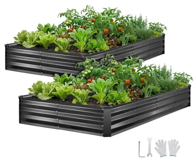 Zdjęcie produktu dla Podwyższona grządka – metalowa grządka ogrodowa, zestaw 2 sztuki – wymiary 244 x 122 x 30 cm – prostokątna – do użytku na zewnątrz – do warzyw i kwiatów – z rękawicami
