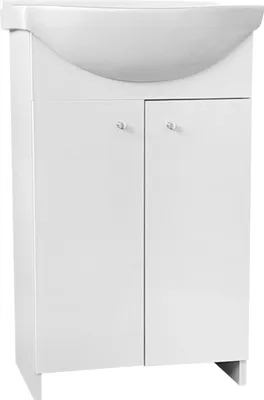 A white bathroom vanity with a sink on top, shown against a white background.