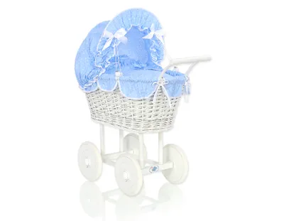 Produktbild von Wickelwagen für Puppen mit blauer Bettwäsche weiß