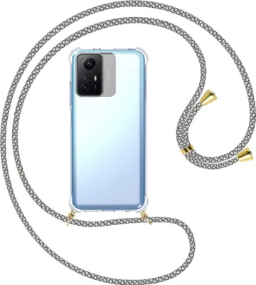 Produktbild von Handykette Backcover-Schutzhülle mit Band (Metall goldfarben) für Xiaomi Redmi Note 12S (6.43'') - weiß/grau kariert