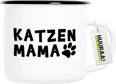 Produktbild von Huuraa Emaille Tasse Katzenmama Tapse 300ml Vintage Campingbecher Geschenkidee