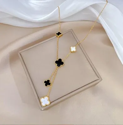 Produktbild von Doppelte Damenkette, Stahl, Gold, Schwarz-Weiß, Kleeblatt, 45 cm