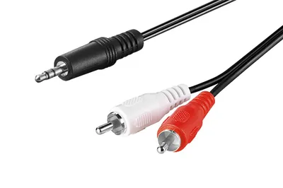 A close-up shot of an audio cable with a 3.5mm jack on one end and two RCA connectors (red and white) on the other.