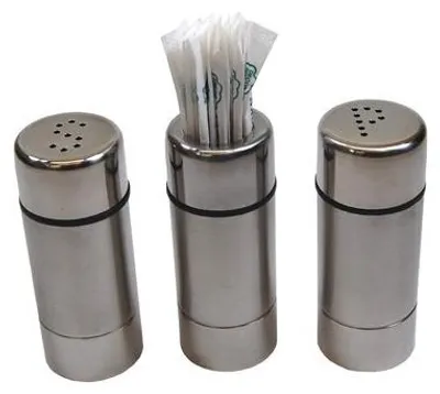 A set of stainless steel salt and pepper shakers and a toothpick holder.