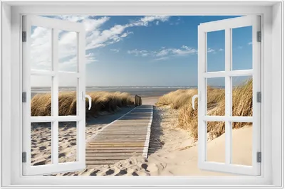 Produktbild von Wallario Wandbild mit Fenster-Illusion: Auf dem Holzweg zum Strand, Größe: 61 x 91,5 cm, Poster mit weißem Aluminiumrahmen