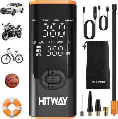 Produktbild von HITWAY Elektrische Luftpumpe, Tragbare Fahrradpumpe mit 6000mAh Akku, 150PSI Akku Kompressor, geeignet für Autos, Fahrräder, Motorräder und Bälle, auc