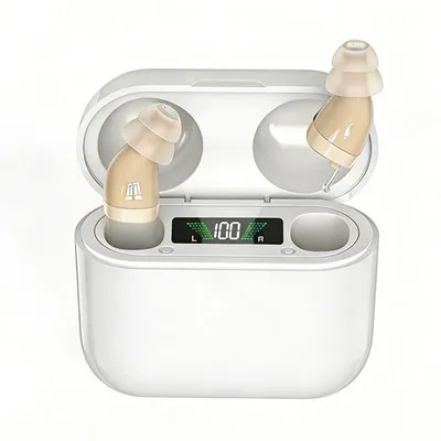 Immagine prodotto di Zimilo: apparecchio acustico wireless con custodia di ricarica, display digitale, riduzione automatica del rumore, coppia color pelle, custodia di ricarica bianca