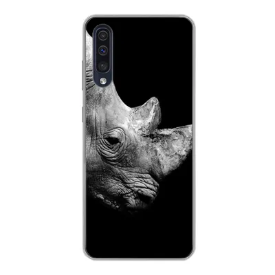 Produktbild von MuchoWow® Handyhülle Schutzhülle Hülle für Samsung Galaxy A30s Portrait Nashorn auf schwarzem Hintergrund Silikon Softcase Handy Hülle - Karteninhaber