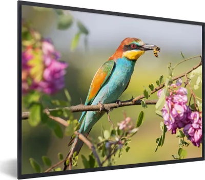 Produktbild von MuchoWow® Gerahmtes Poster Vogel - Bienenfresser - Blumen 80x60 cm - Poster mit Schwarzem Bilderrahmen Wandposter Rahmen Foto Bilder - Schwarzem - Mit Gestell