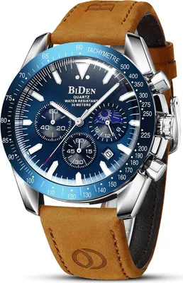 Produktbild von Elegante Herrenuhr mit Edelstahlarmband, Chronograph Quarzwerk, 30m wasserdicht, leuchtendem Zifferblatt, Kalender und Mondphasenanzeige.