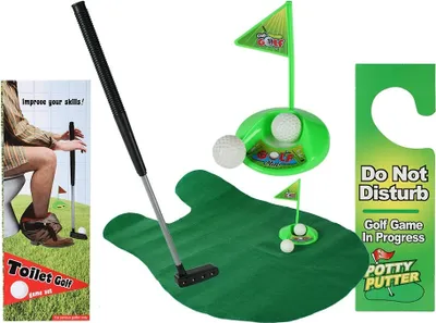 A collection of items for a toilet golf game, including a putting mat, putter, golf balls, and a door hanger.