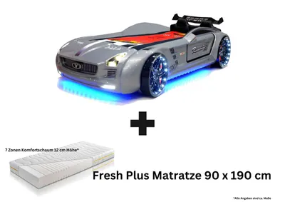 Produktbild von Autobett Kinderbett "Rio Roadster" mit Matratze, LED Sound, Sportsitze, Lattenrost, Spoiler, 90x190 cm